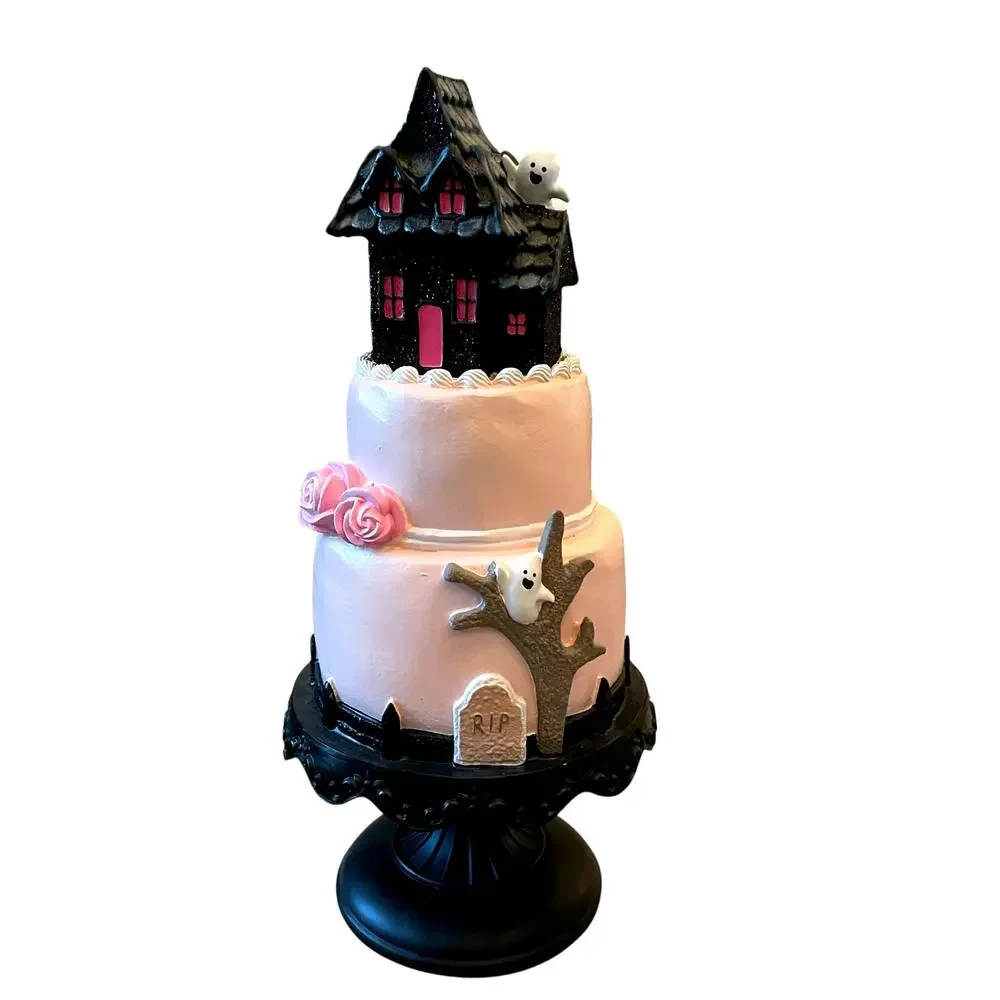 Viral Pink & Black Halloween Haunted House Faux Cake 22in Glitter Ghosts NEW
